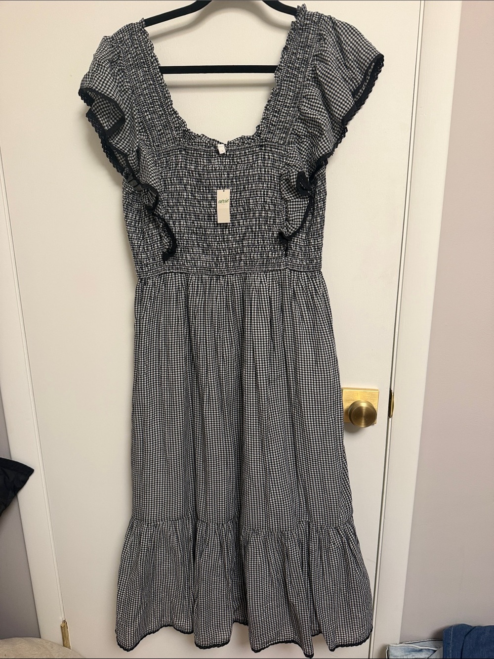 American Eagle Outfitters Black and White Gingham Smocked Midi Dress